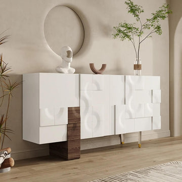 55.1″ White Wood Sideboard - Modern Style with Doors and 6 Shelves